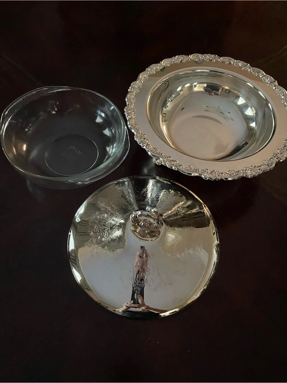 Silver Covered Serving Dish with Decorative Lid and Pyrex dish 12 inches - Picture 5 of 15